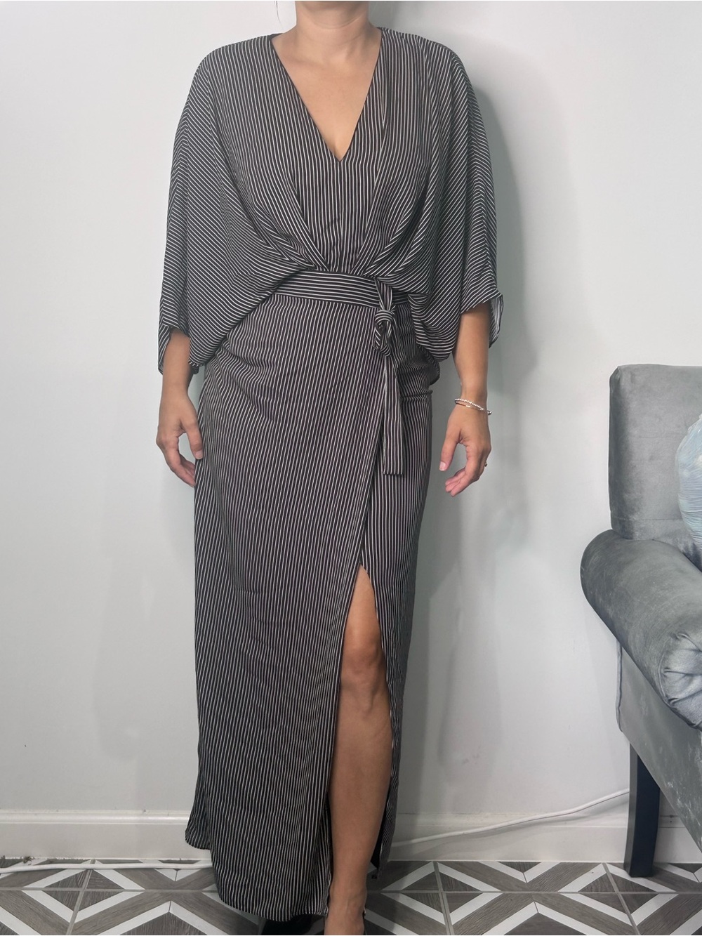 Halston Heritage Black and White Pinstripe Wrap Maxi Dress